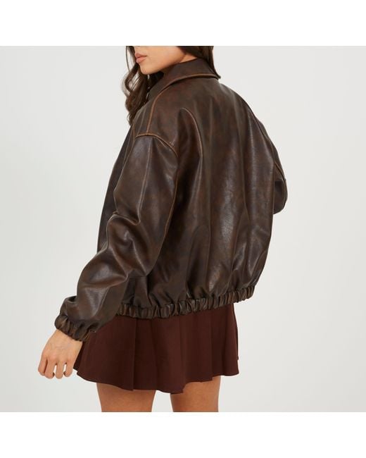Brave Soul Brown Bs Vintage Finish Faux Leather Bomber With Collar