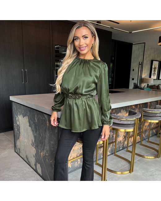 AX Paris Green Satin Long Sleeve Detail Belt Top