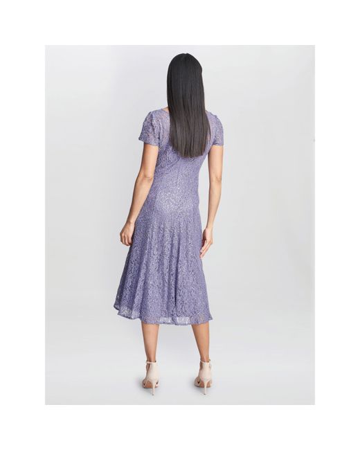 Gina Bacconi Purple Genny Cap Sleeve Midi Sequin Lace Dress