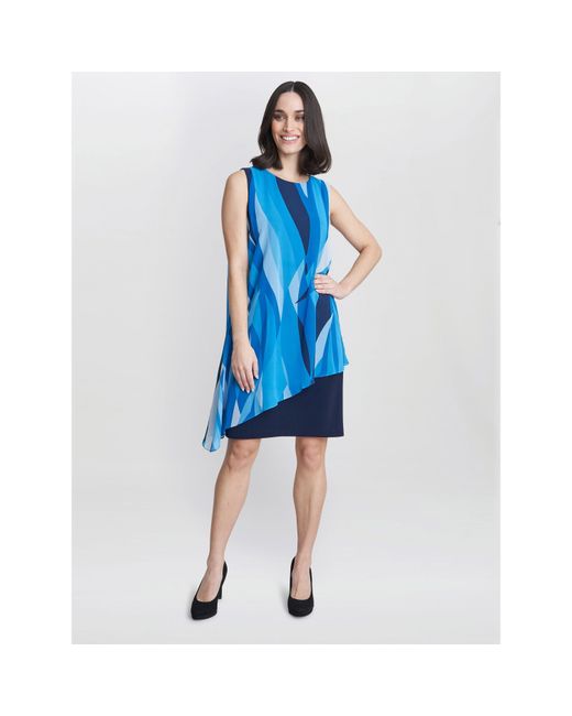 Gina Bacconi Blue Edie Printed Asymmetric Overlay Dress