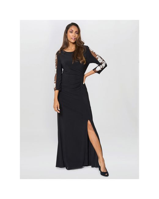 Gina Bacconi Black Suzie Embroidered Sleeve Maxi Dress