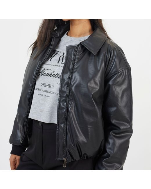 Brave Soul Black Bs Oversized Faux Leather Bomber Jacket With Collar