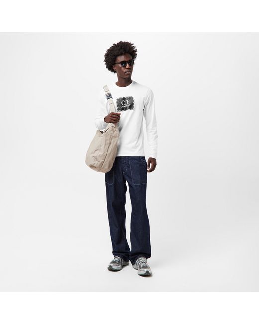 C P Company White Cotton Long Sleeve Crew Neck T-Shirt for men