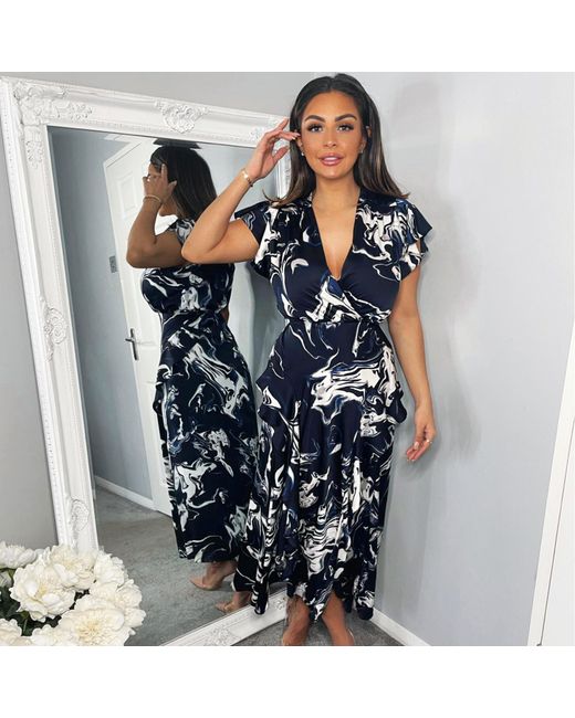 AX Paris Blue Marble Print Short Sleeve Ruffle Midi Dress
