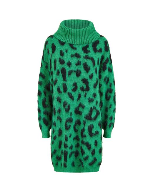 Yumi' Green Animal Roll Neck Knitted Dress