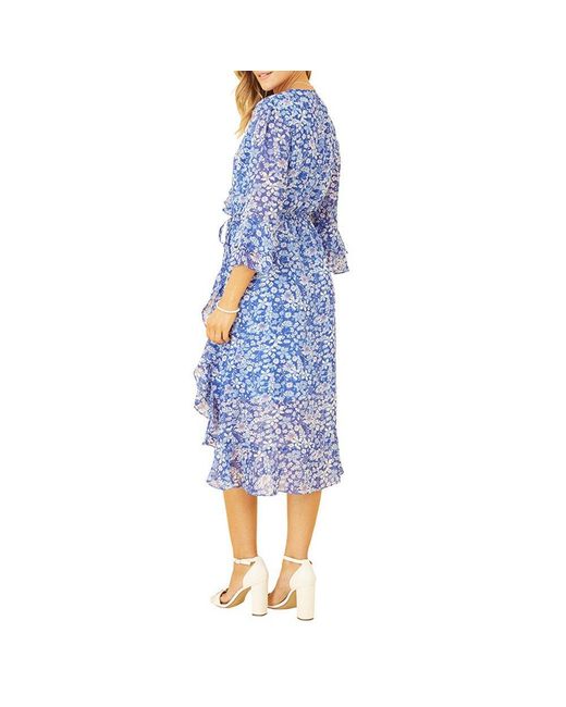 Yumi' Blue Floral Three Quartersleeve Frill Wrap Dress