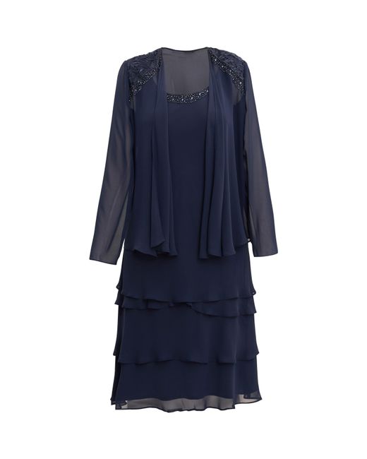 Gina Bacconi Blue Camira Lace Shoulder Tier Jacket Dress