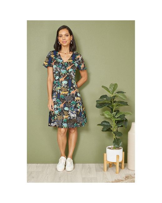 Yumi' Green Jungle Print Skater Dress