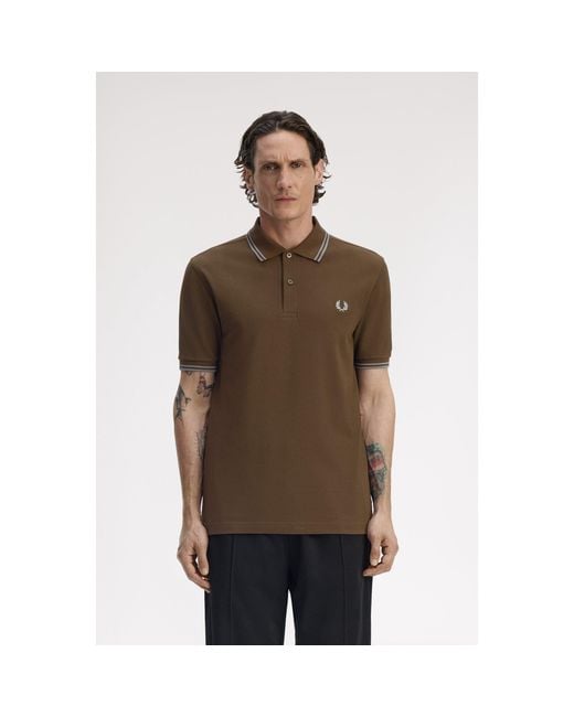 Fred Perry Brown Short Sleeve Twin Tipped Polo Shirt for men