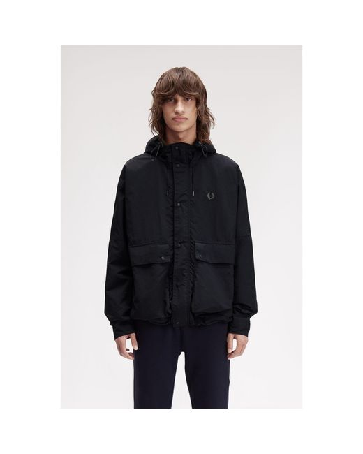 Fred Perry Black Cropped Ripstop Hooded Long Sleeve Parka for men