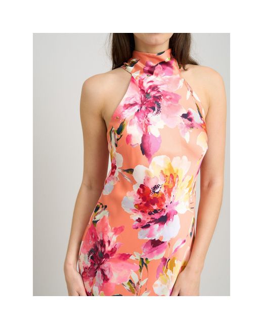 Gina Bacconi White Margo Satin Floral Print Tie Neck Dress