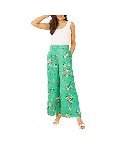 Yumi' Green Floral Satin Wide Leg Trousers