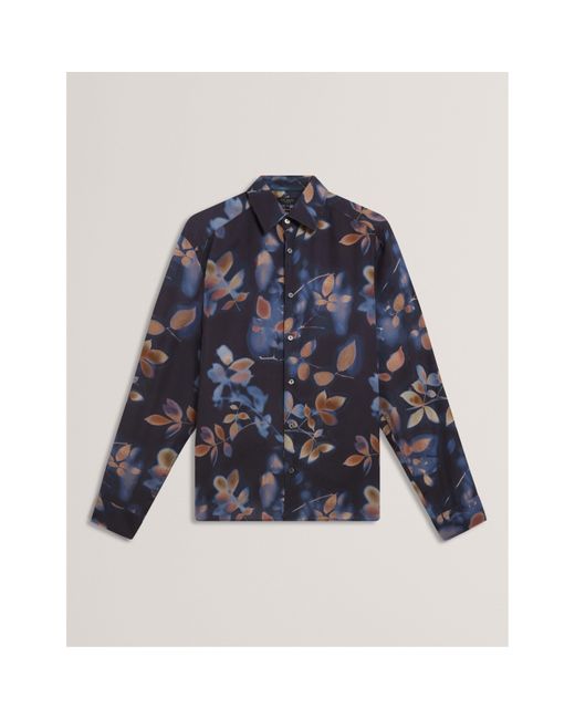 Ted Baker Blue Leaf Print Long-Sleeve Patterned Shirt for men