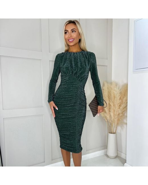 AX Paris Green Glitter Long Sleeve Ruched Bodycon Dress