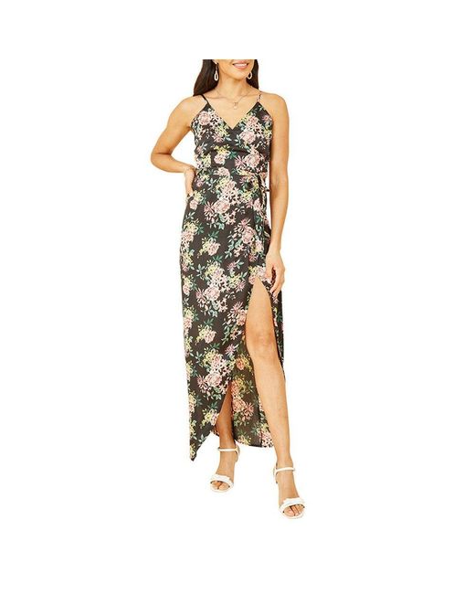 Mela London Green Satin Floral Wrap Maxi Dress