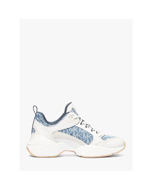MICHAEL Michael Kors White Bowie Signature Logo Print Denim Trainer