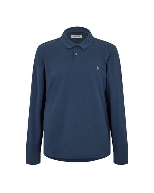 Original Penguin Blue Cotton Long Sleeve Polo Shirt for men