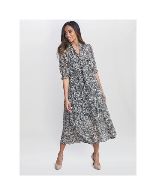 Gina Bacconi Gray Mimi Godet Pussy Bow Dress