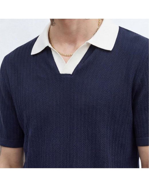Twisted Tailor Blue Henry Textured Open Collar Polo for men