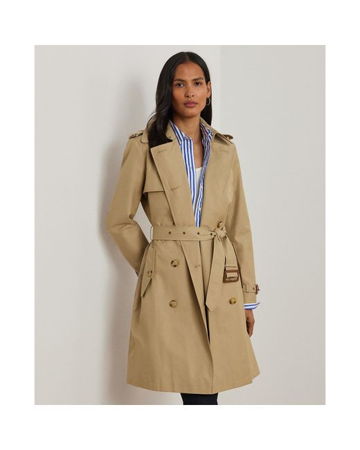 Ralph Lauren Natural Double Breasted Belted Cotton Knee Length Long Sleeve Trench Coat