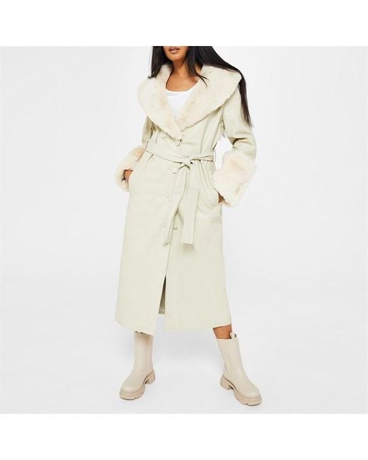 Missguided Natural Petite Faux Leather Contrast Trim Trench Coat