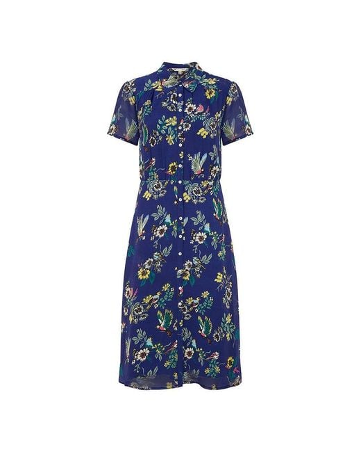 Yumi' Blue Bird Print Midi Shirt Dress