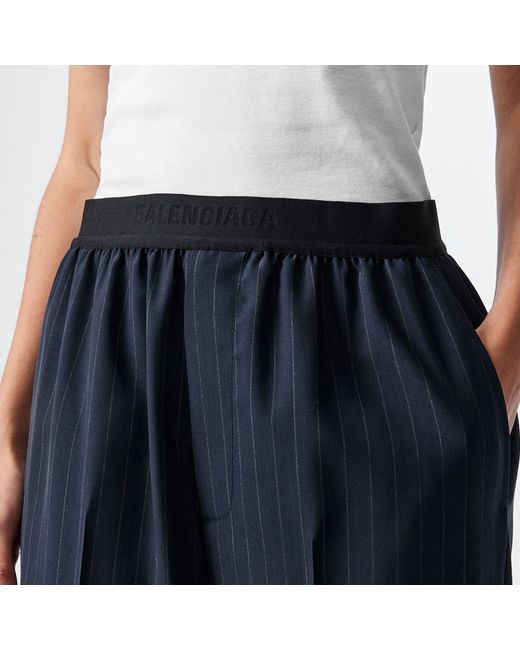 Balenciaga Blue Pinstripe High Rise Relaxed Fit Wide Leg Trousers