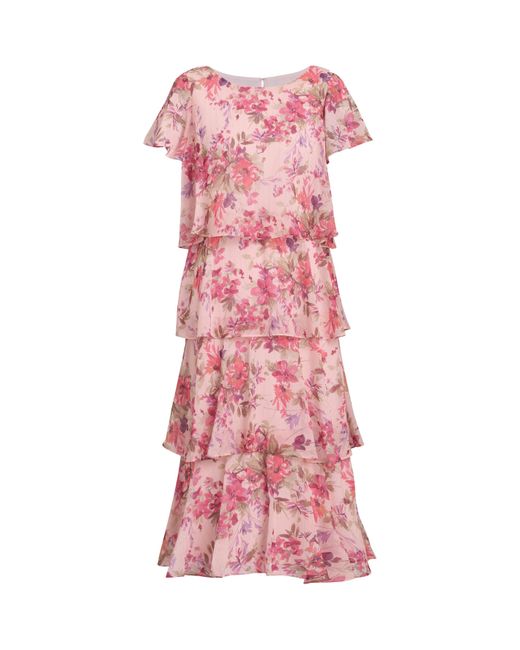 Gina Bacconi Pink Essie Midi Length Printed Tier Dress