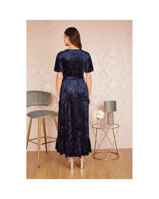 Yumi' Blue Velvet Wrap Over Midi Dress