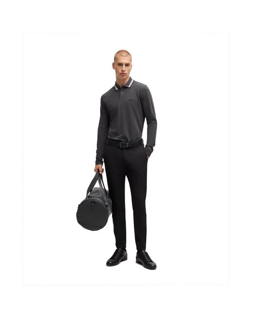 Boss Black Plisy Tipped Collar Cotton Long Sleeve Polo Shirt for men