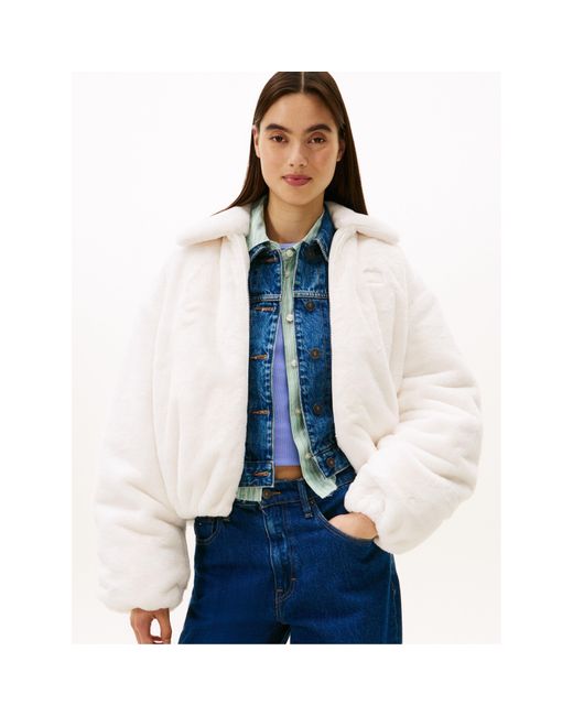 Tommy Hilfiger White Tj Fauxfur Bomber Shearling Jacket