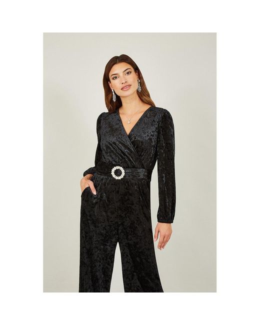 Yumi' Black Velvet Jumpsuit With Diamanté Belt