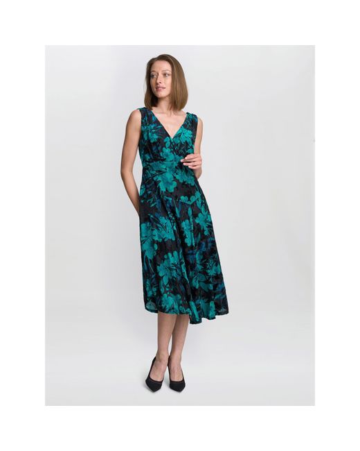 Gina Bacconi Blue Beth Floral Midi A-Line Dress