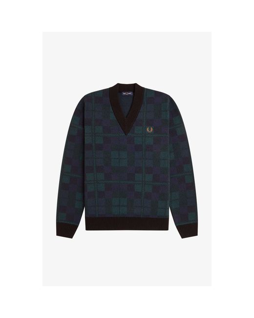 Fred Perry Blue Blackwatch Crew Neck Jumper for men