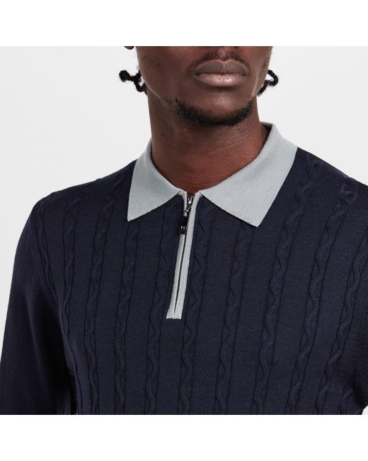 Pal Zileri Blue Wool Zipped Short-Sleeve Polo Shirt for men