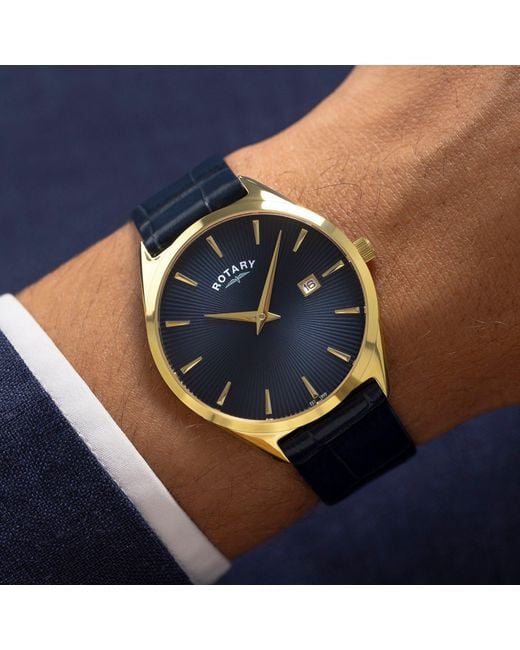 Rotary Blue Ultra Slim Ss Leather Strap Watc for men