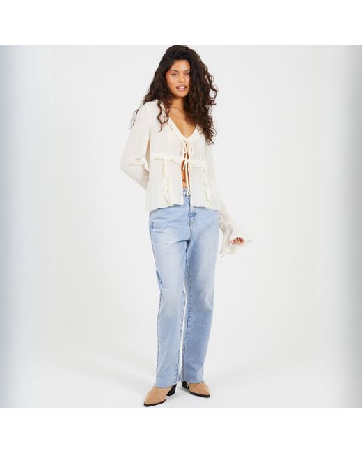 Brave Soul White Bs Long Sleeve Frill Top With Front Tie Detail
