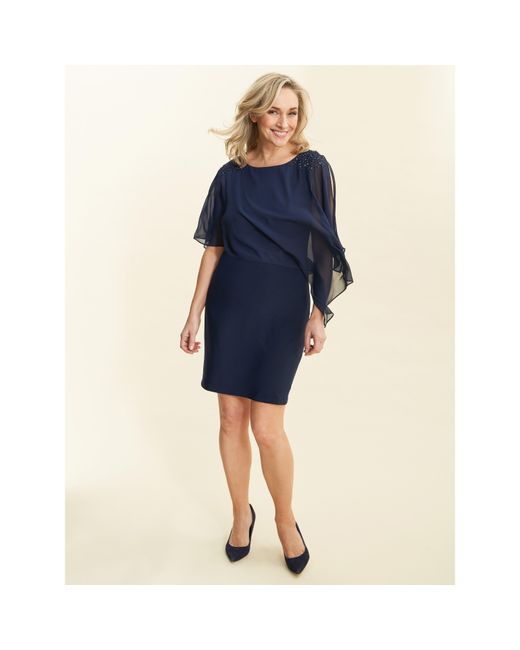 Gina Bacconi Blue Zenna Beaded Shoulder Chiffon Shift Dress
