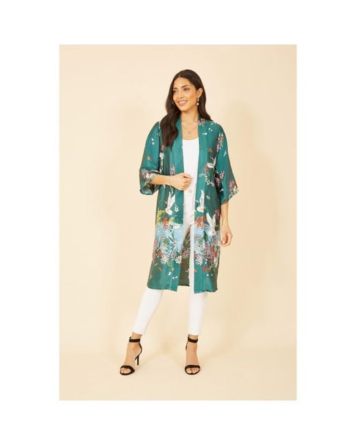 Yumi' Blue Satin Crane Border Kimono