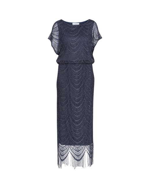 Gina Bacconi Blue Arleen Long Blouson Fringe Hem Dress