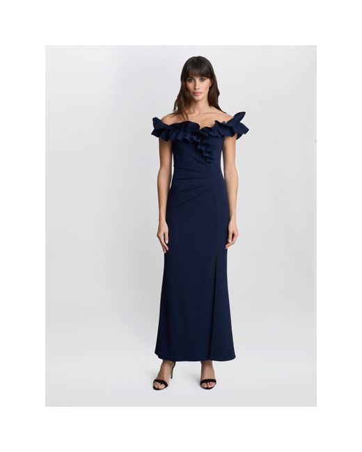 Gina Bacconi Blue Viola Ruffle Top Maxi Dress