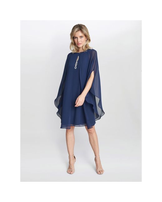 Gina Bacconi Blue Laura Chiffon Cape And Beaded Neck Dress
