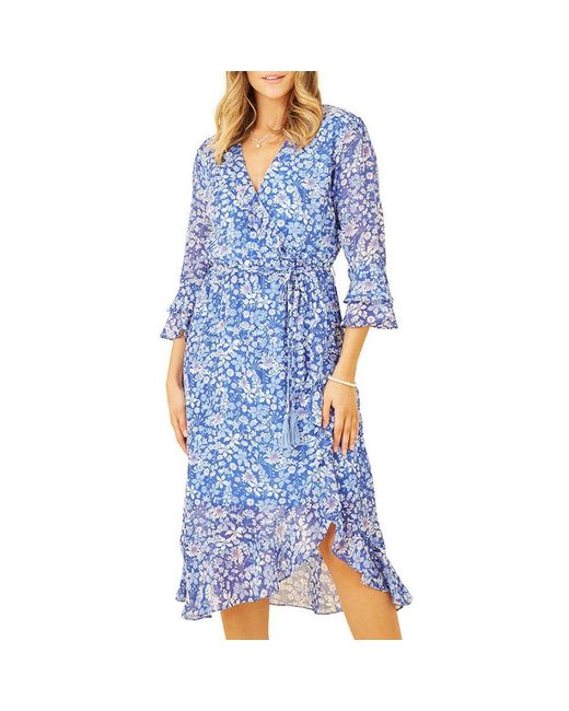 Yumi' Blue Floral Three Quartersleeve Frill Wrap Dress