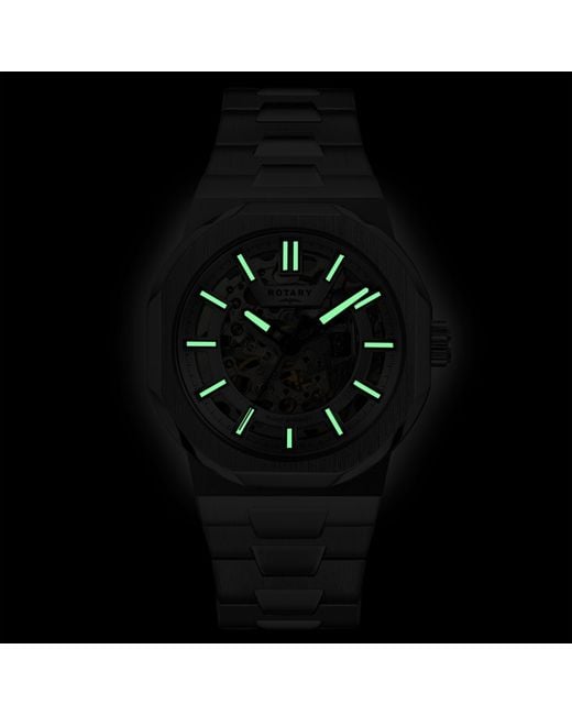 Rotary Metallic Regent Skeleton Automatic Ss Watch for men