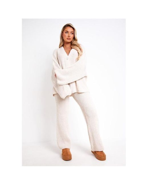 Missy Empire Natural Chantelle Grey Chunky Knit Cardigan & Trouser Set