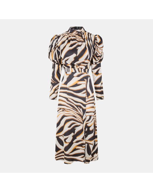 Vintage Brown V-neck Tie Waist Printed Long Puff Sleeve Dress AR1003