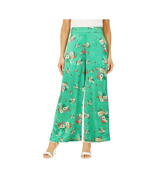 Yumi' Green Floral Satin Wide Leg Trousers