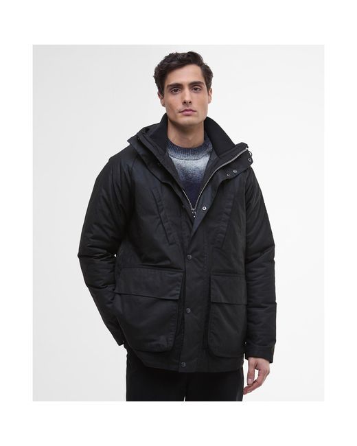 Barbour Black Oakdale Hooded Long Sleeve 4 Pockets Full Zip Wax Jacket for men