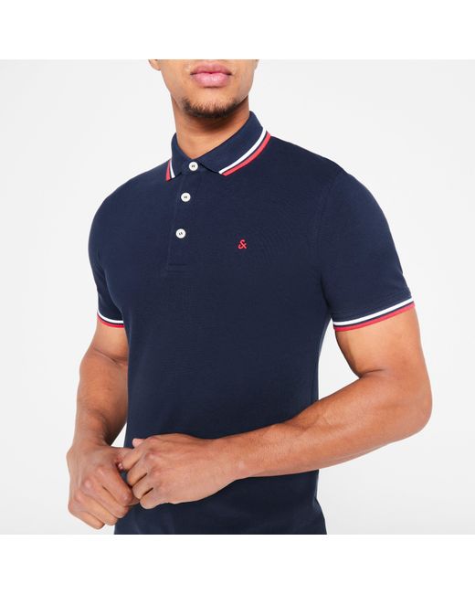 Jack & Jones Blue Paulos Tipped Pique Short Sleeve Polo Shirt for men