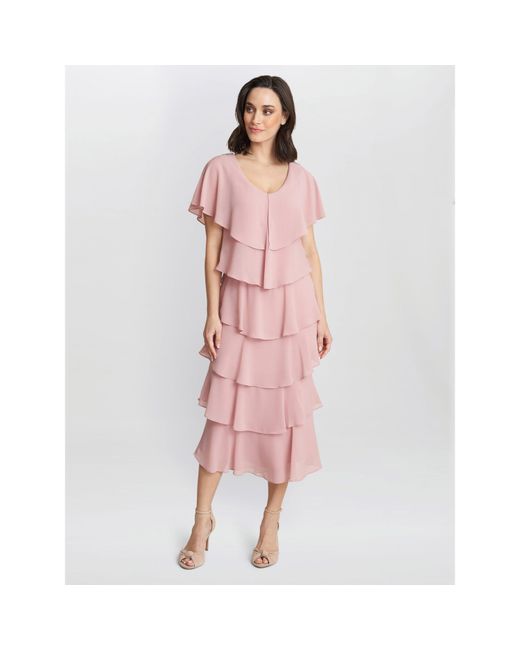 Gina Bacconi Pink Rebecca Midi Tiered Cocktail Dress